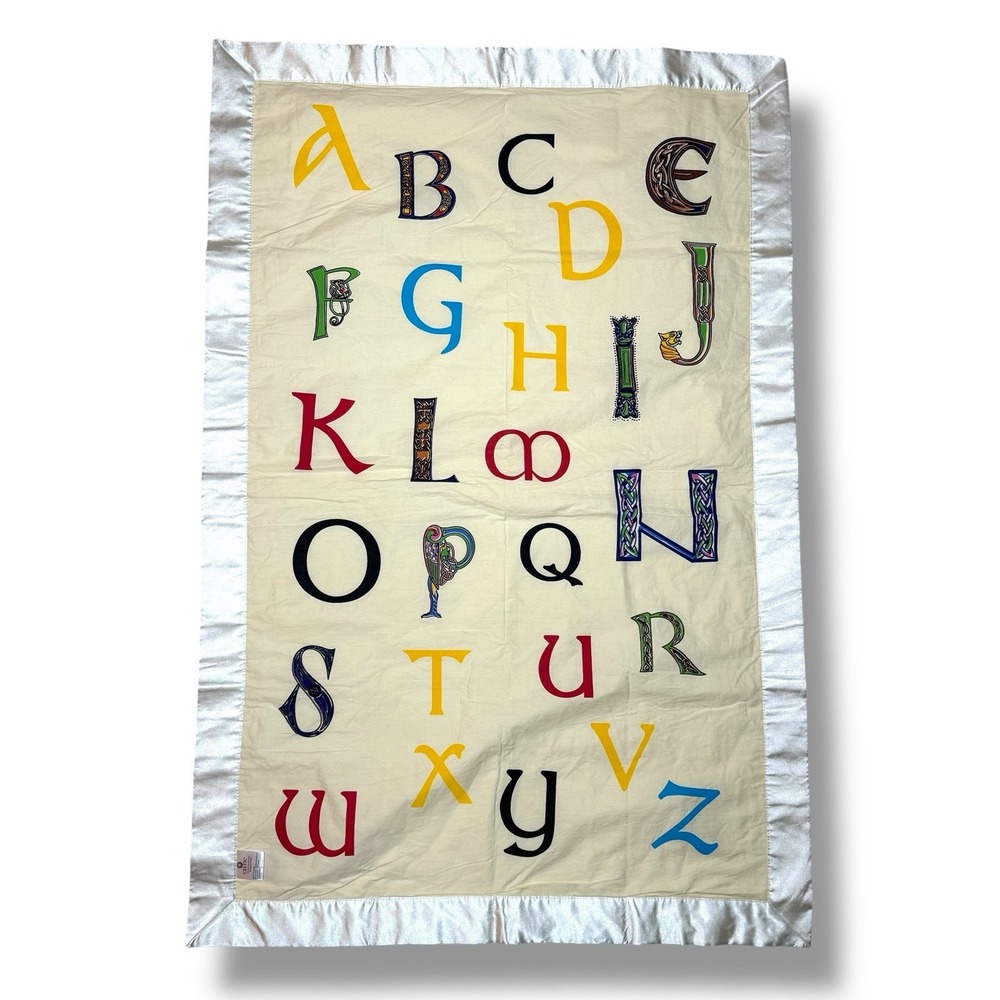 Vintage Baby Blanket‎ Satin Trim Alphabet Letters Celtic Nursery Theme Ireland
